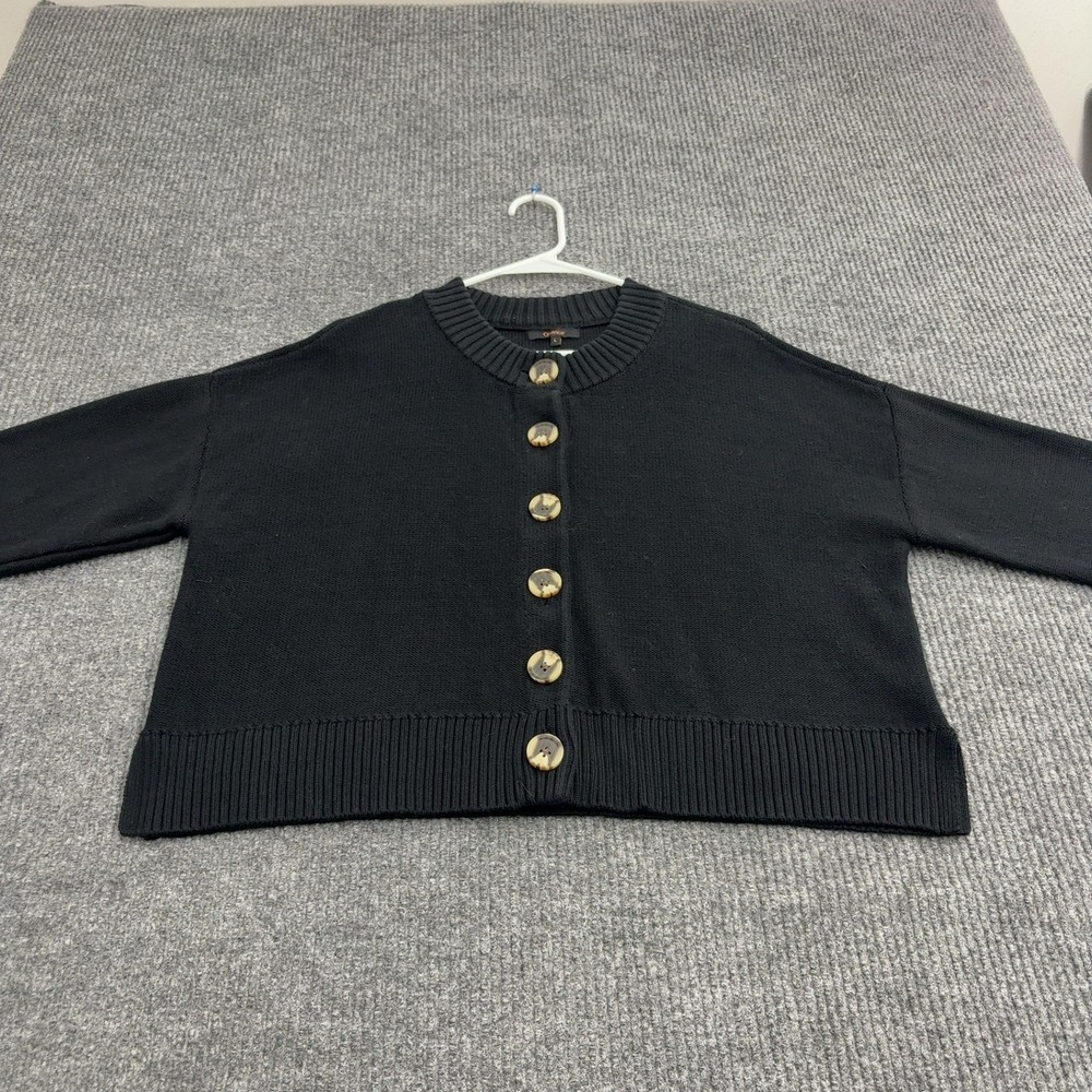 Quince Cardigan Women L Black Organic Cotton Button Up Cropped Casual Minimalist
